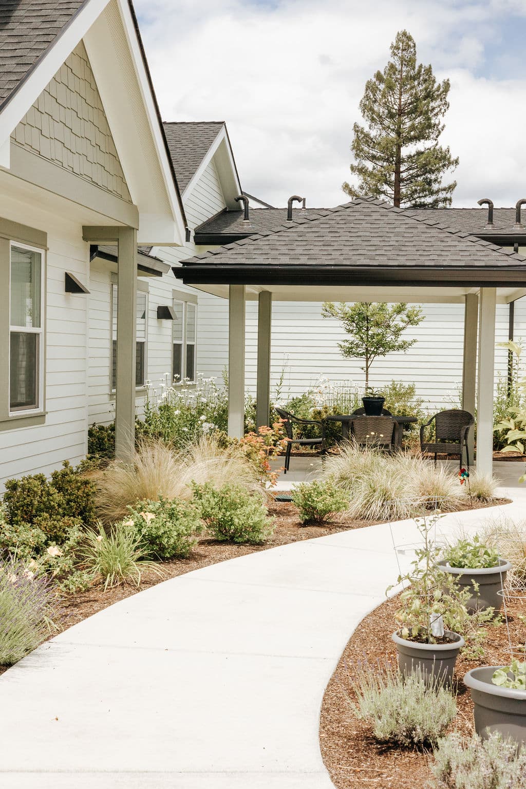 Curving garden path through the secured courtyard at Oak Grove, lined with grasses and potted plants, leading to a covered gazebo