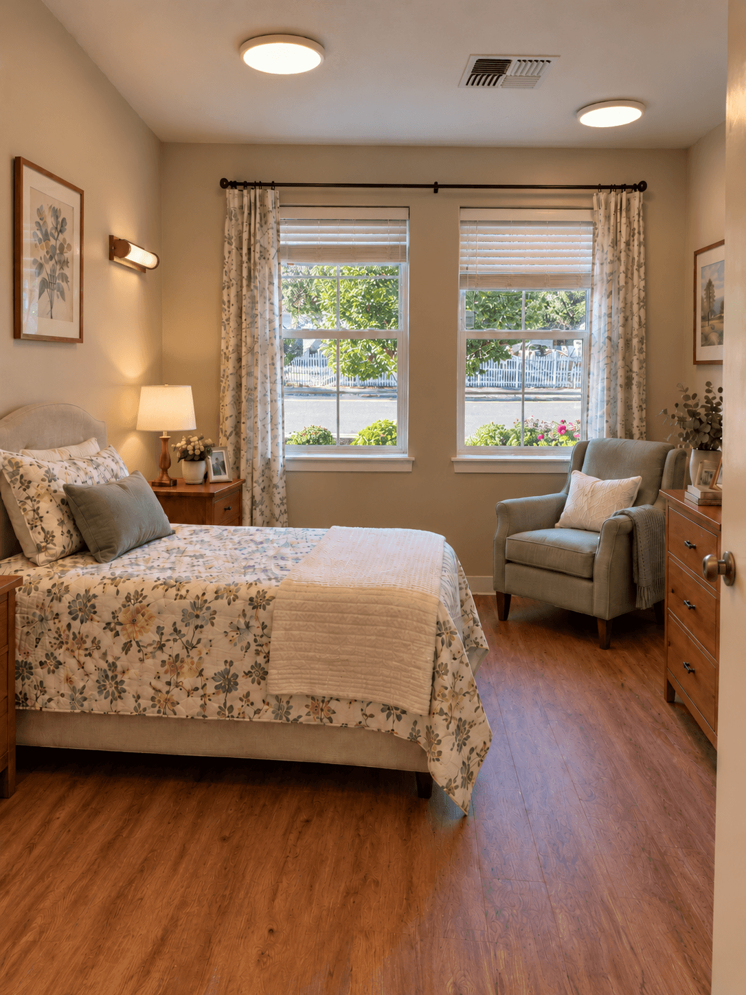 Private room with a made bed, a bedside lamp, an armchair, a dresser, and two curtained windows