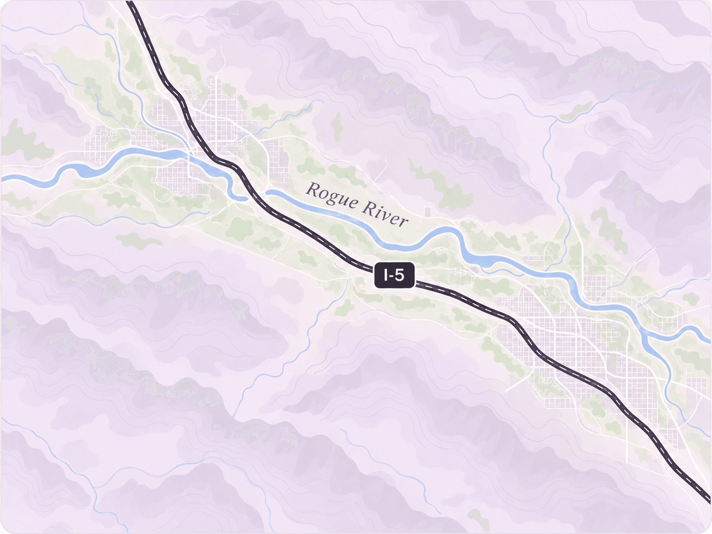 Illustrated map of the Rogue Valley, with the Rogue River and Interstate 5 running between Grants Pass and Medford